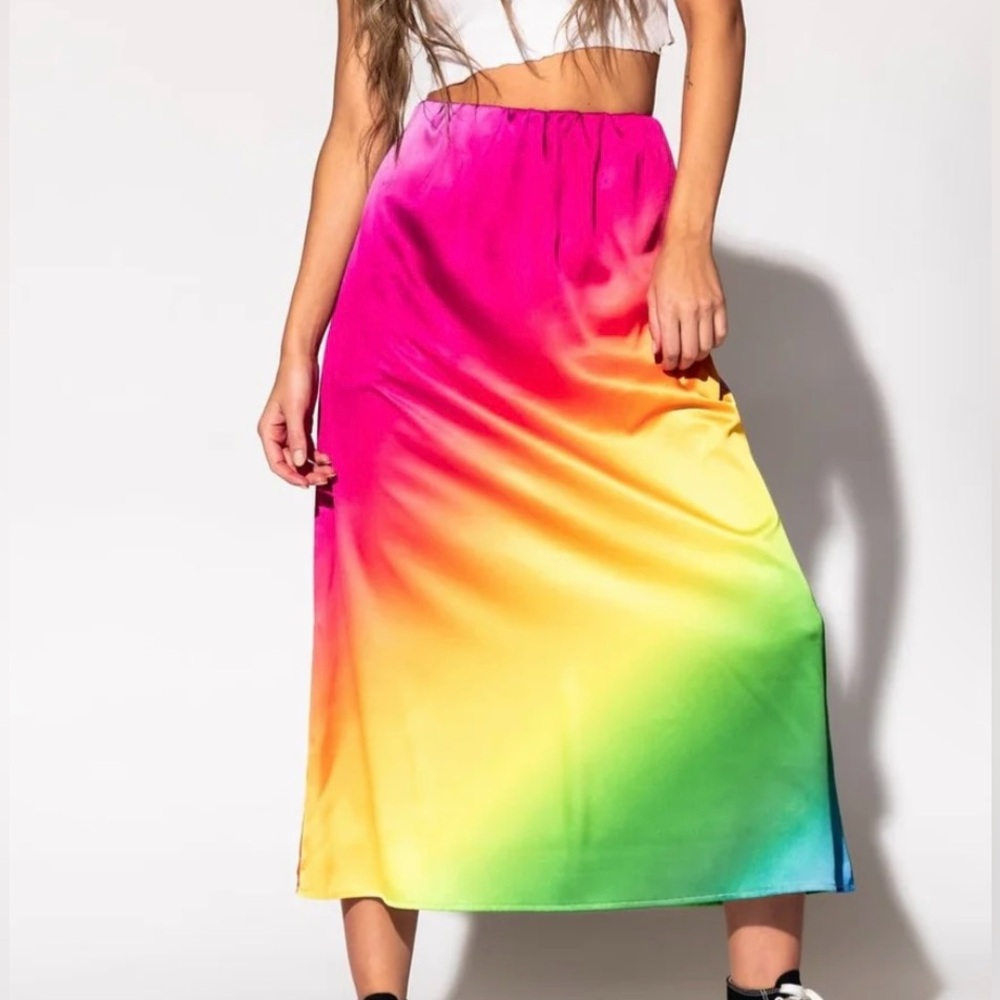 NWT Dressed in LALA It Girl Midi Skirt in Prismatic Rainbow